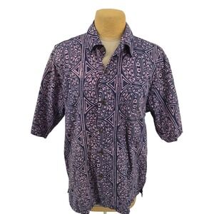 Noa Noa Button Up Shirt Mens Large Purple Tribal Print Cotton Short Sleeve Aloha